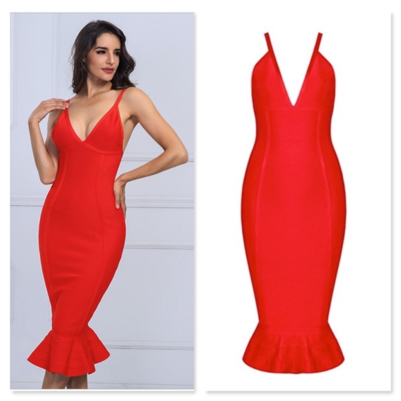Bandage V-Neck Midi Mermaid Dress in Bright Red - Picture 7 of 13